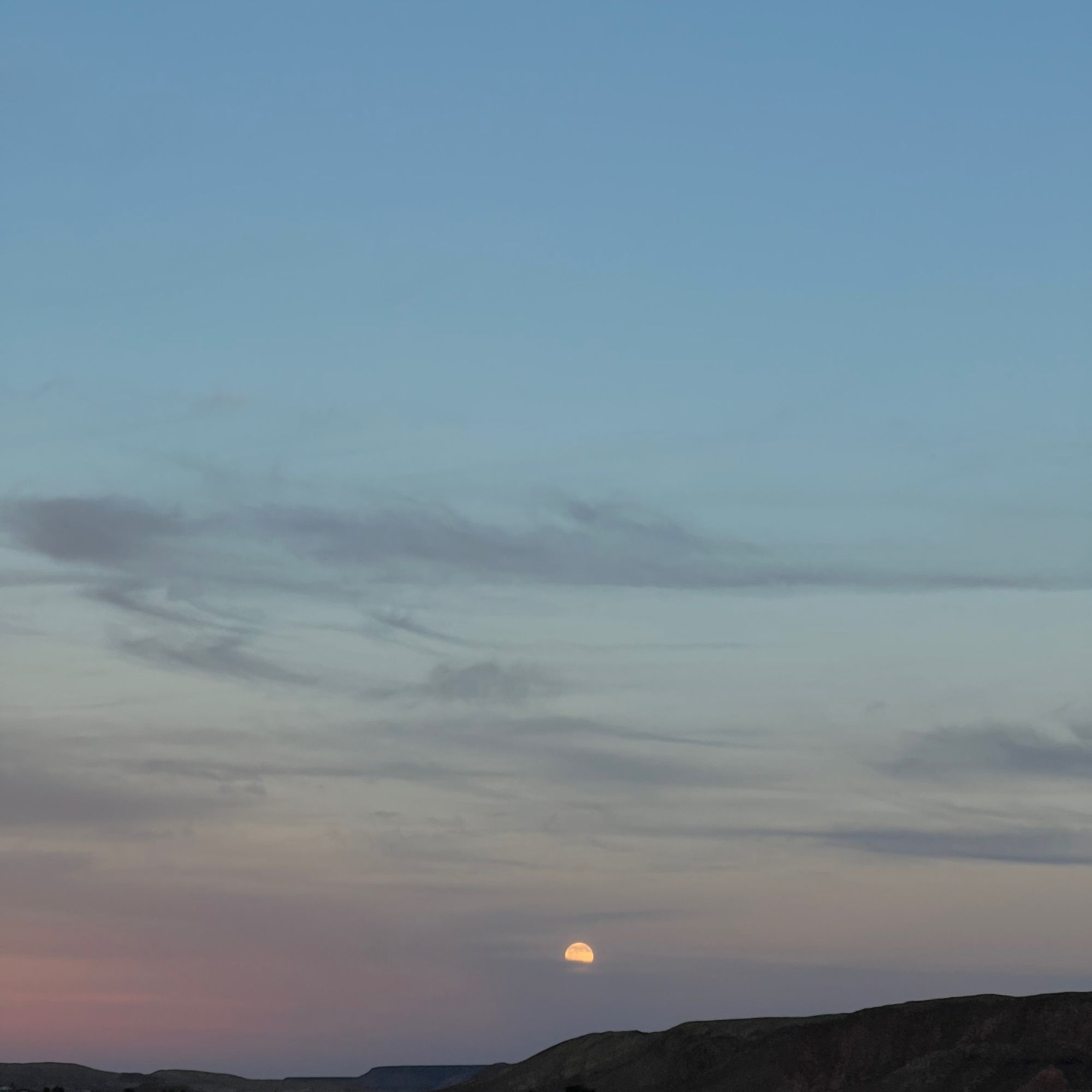 The full moon rises over a ridge line with a pink and blue sunset.