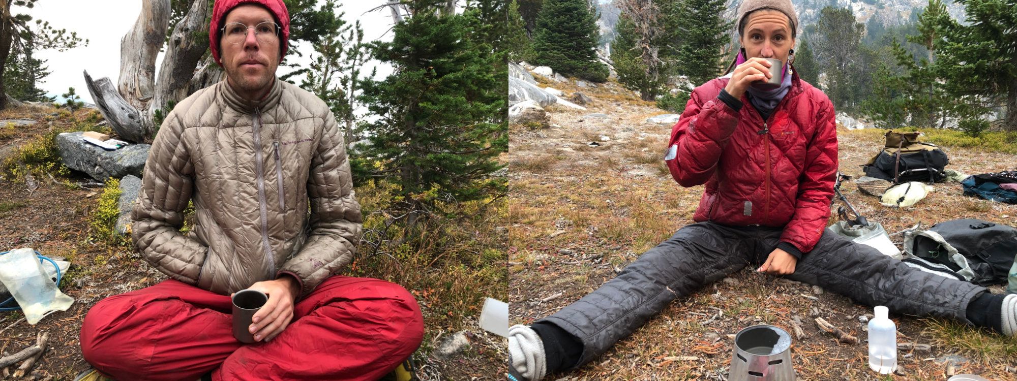 A man sits on the left a woman on the right wearing insulated outdoor clothing high up in the mountains.