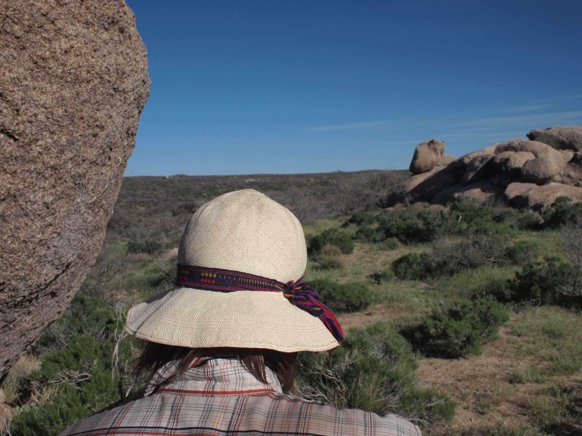 A man faces away from the camera wearing a white straw hat with purple, yellow and red band. He is walking through a desert landscape with large boulders. 