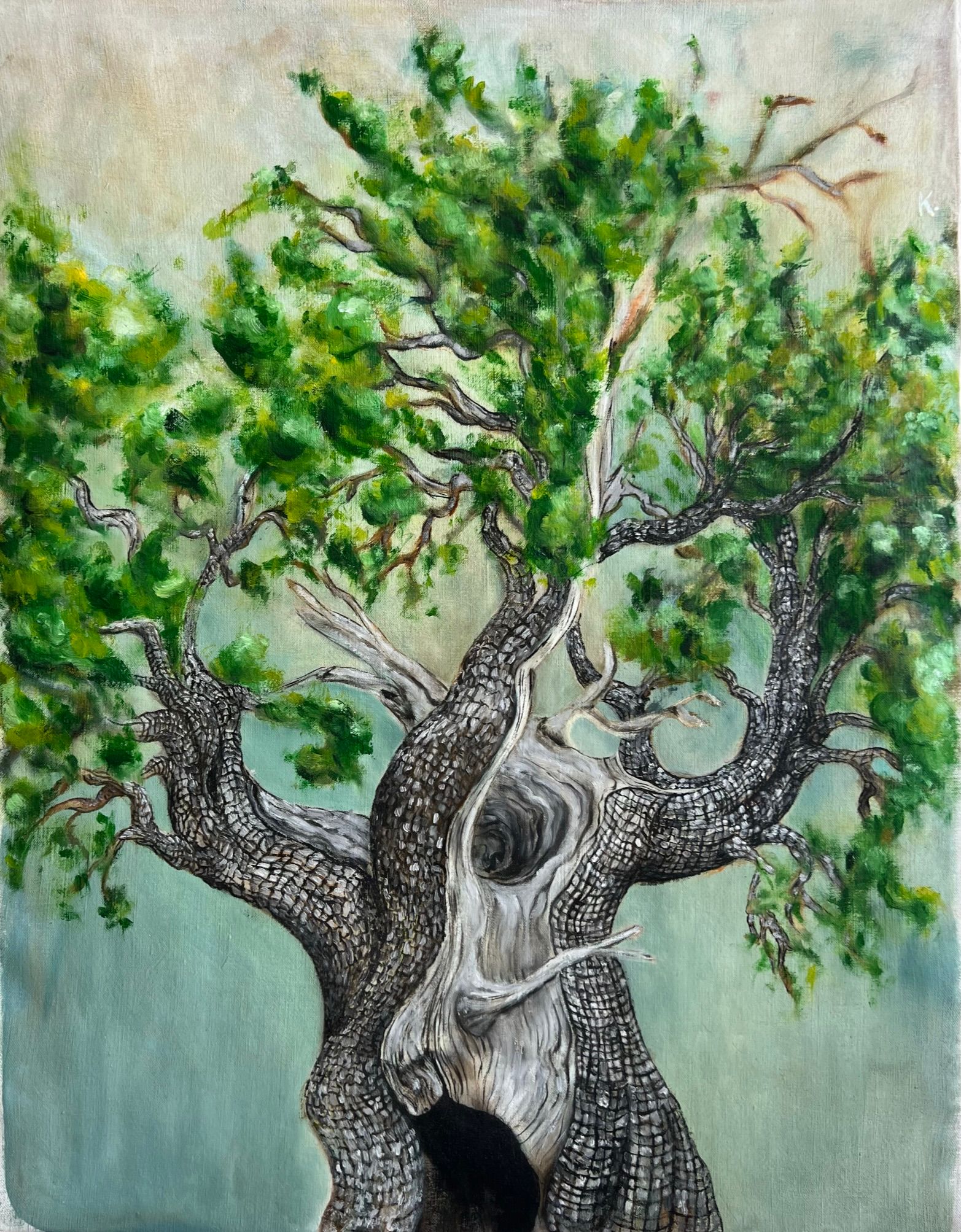 An ancient alligator juniper tree fills a whole canvas of a painting with tiled bark and sparse green vegetation.