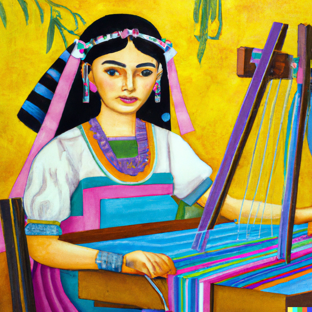 A brightly colored image in a painting style of a woman sitting at a loom.