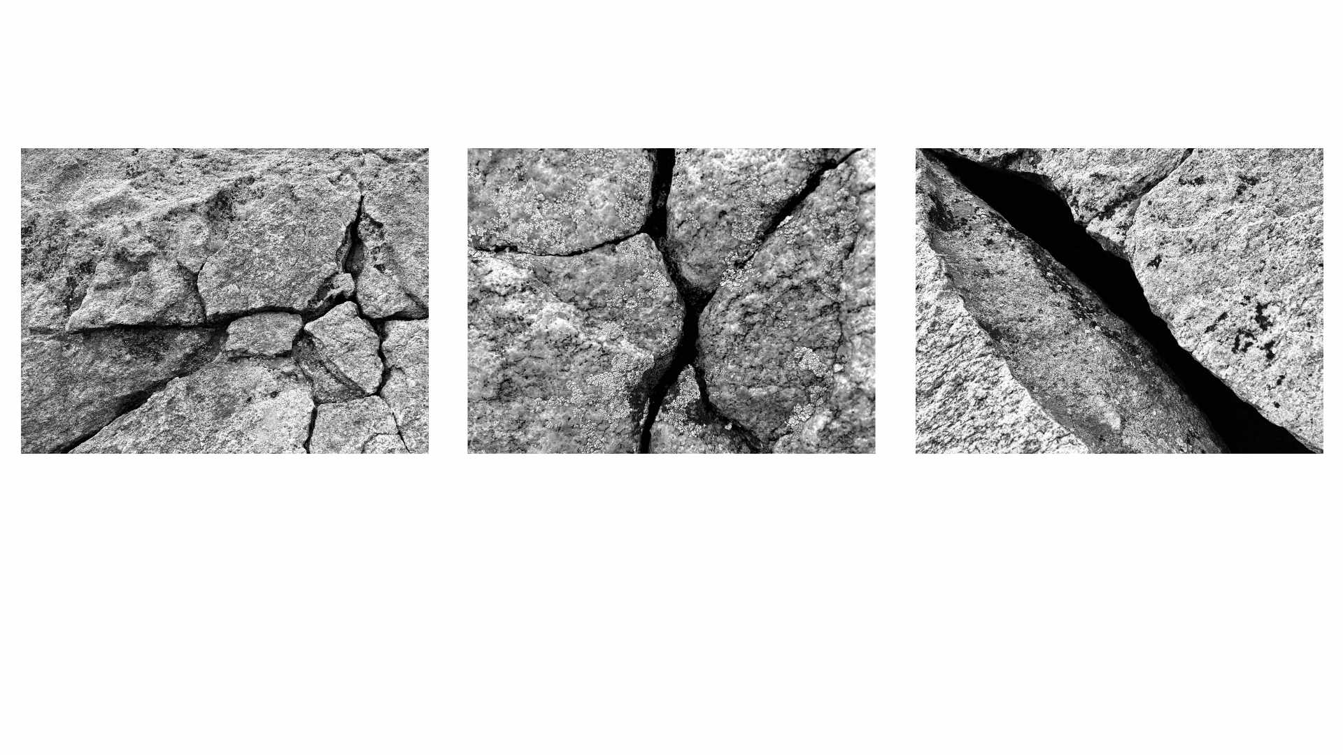 Three photos of rocks taken close up featuring cracks and lichen.