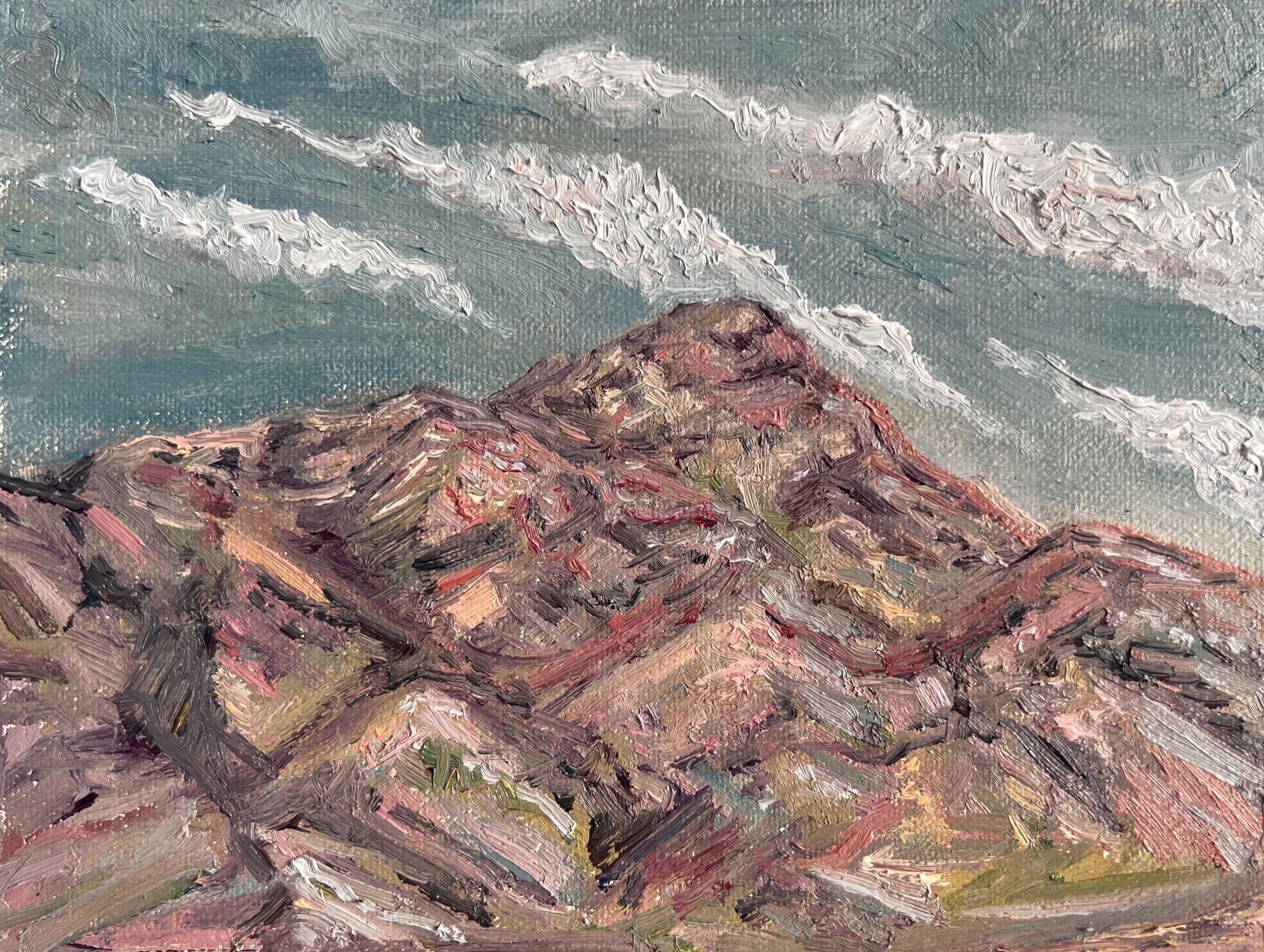 An oil painting of turtleback mountain with spindly diagonal clouds in the sky. 