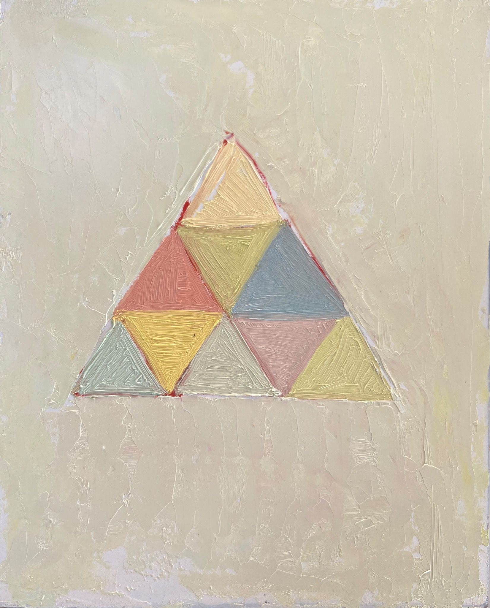A painting of of a triangle subdivided into 9 traingles in pink, yellow, green and grey tones.
