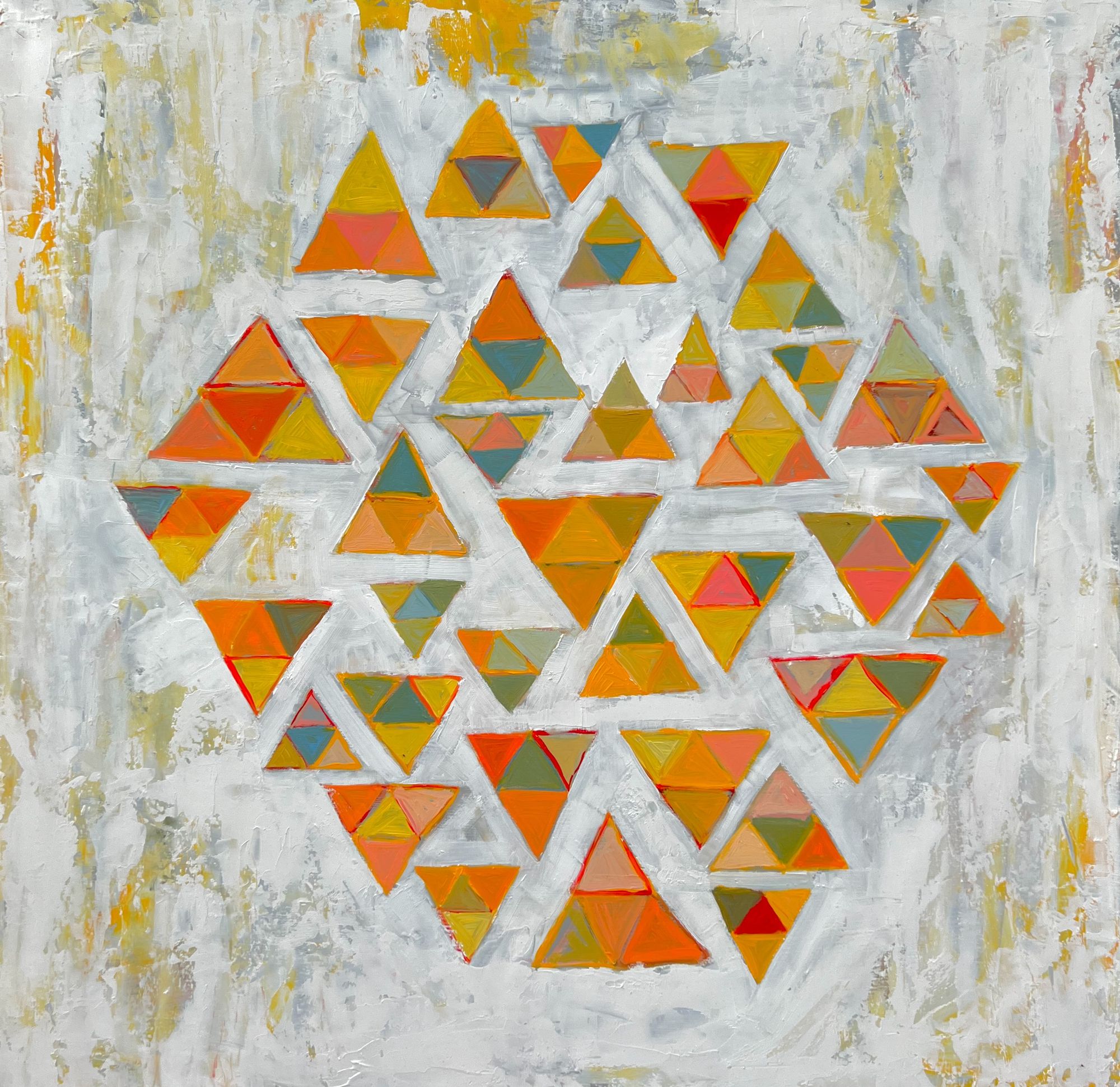 A hexagon of triangles in yellow, green, red, orange, beige and gray on a gray background. 