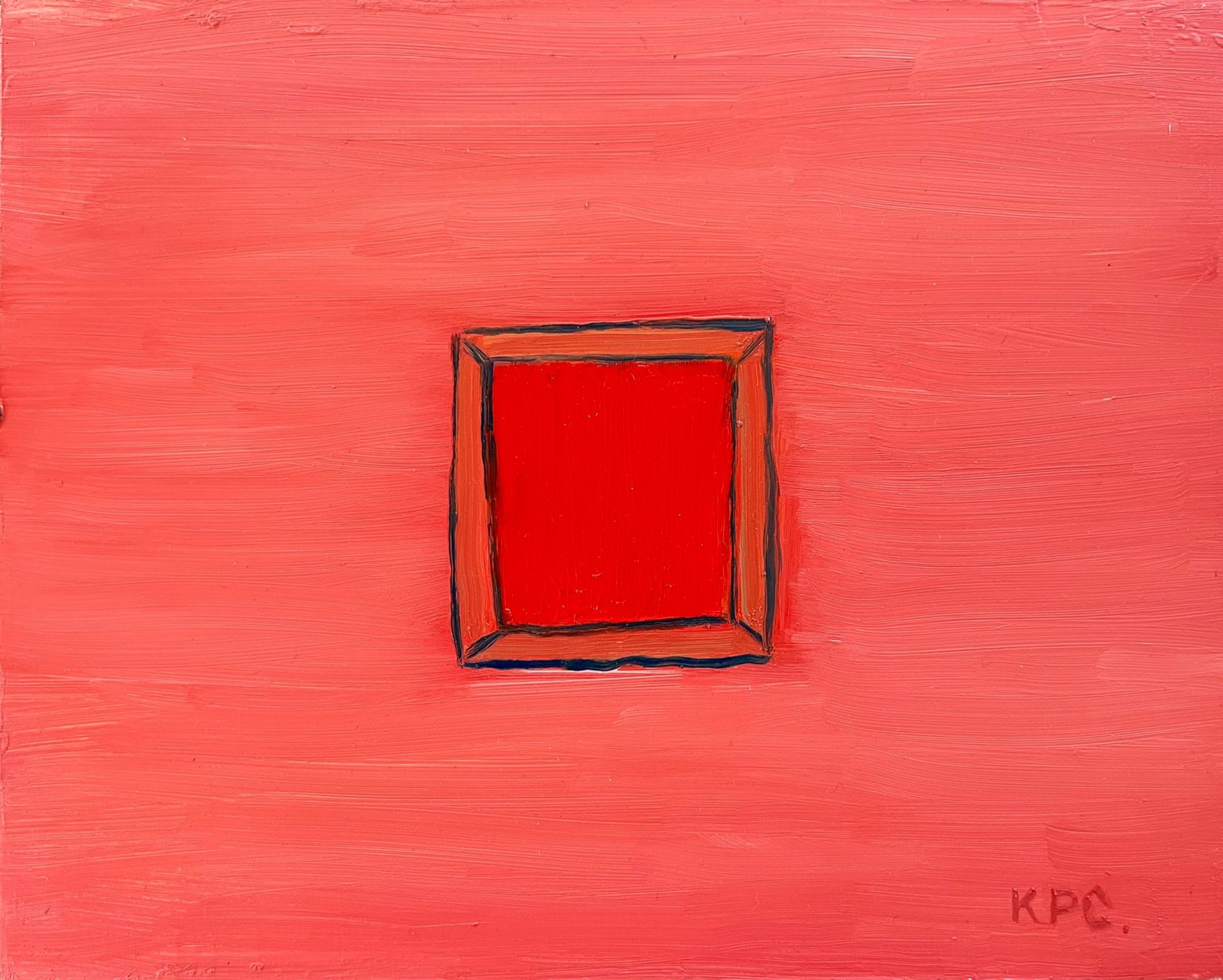 A painting of a red square with a orange-red frame on a pink-red background. 