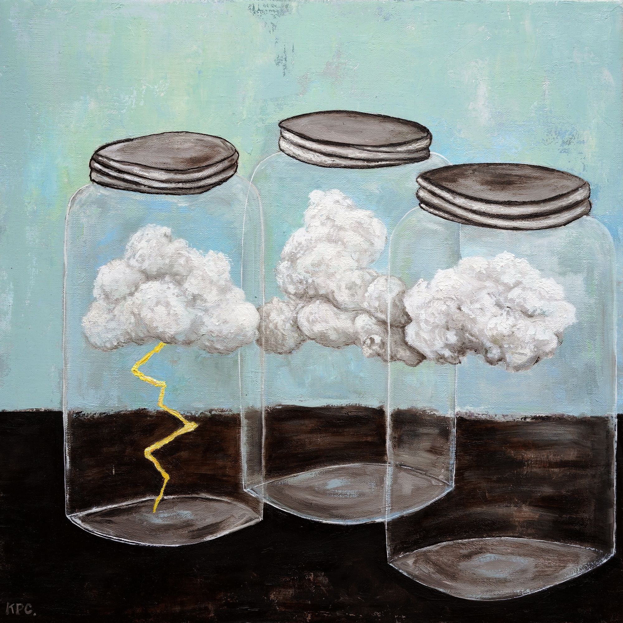 An oil painting of three glass jars, each containing a cloud, one of them with a bolt of lightning. The background is blue the ground upon which the bottles rest is dark brown.