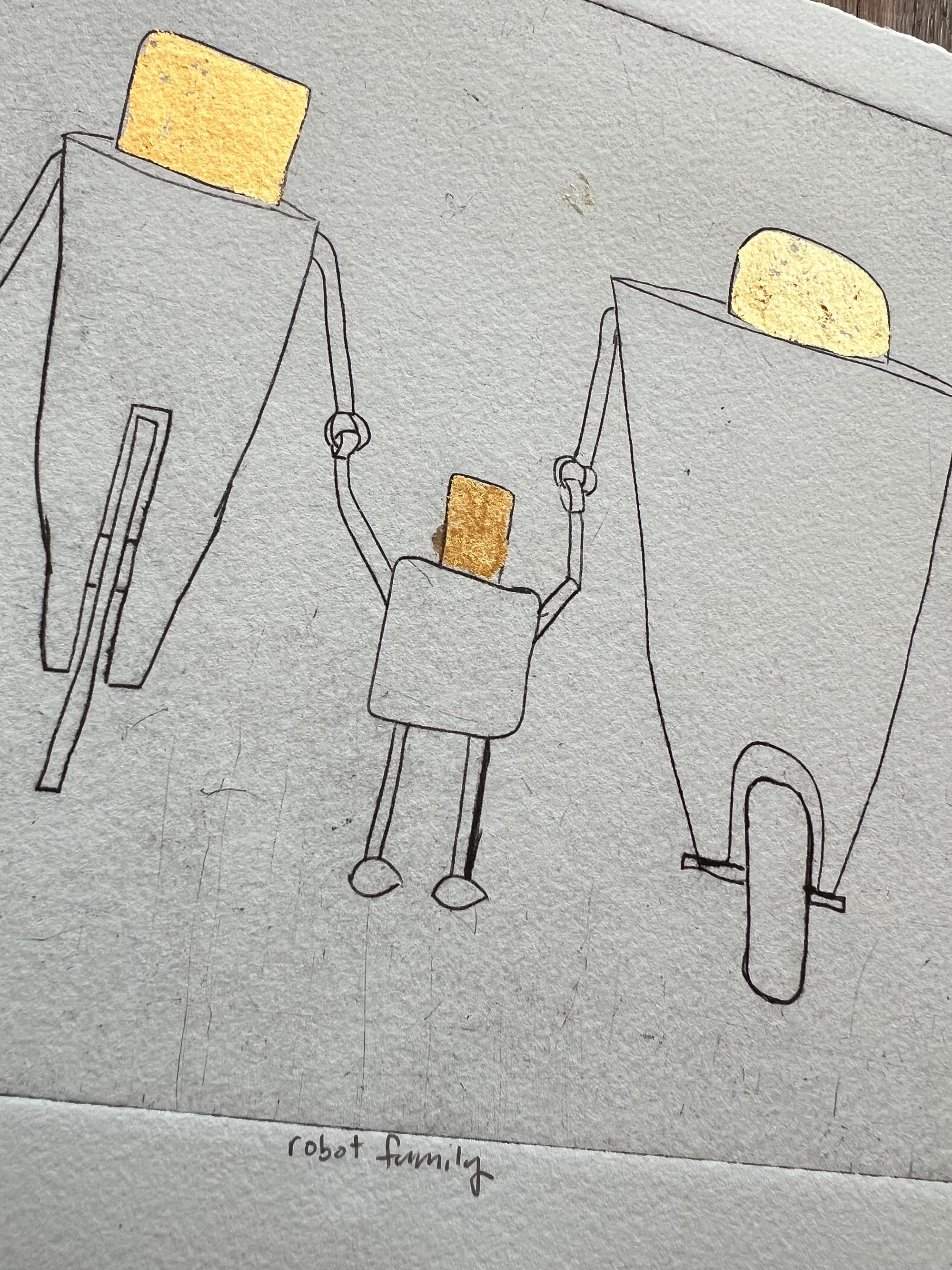 a black and white line image of three robots holding hands sized as a stereotypical mother-child-father unit