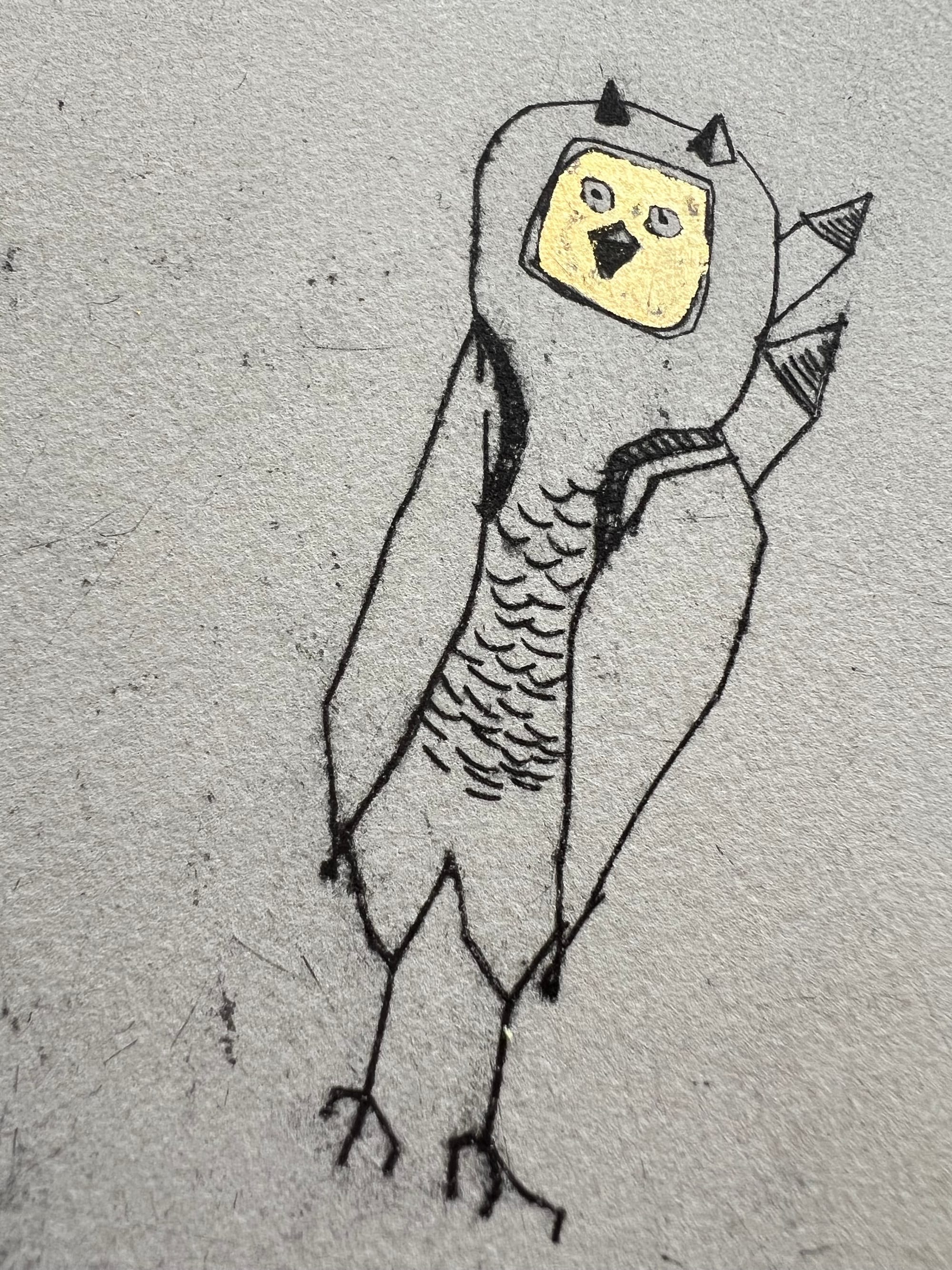a black and while line image of an owl with a 24kt gold leaf face whom has a backpack on with bottle rockets poking out the top.