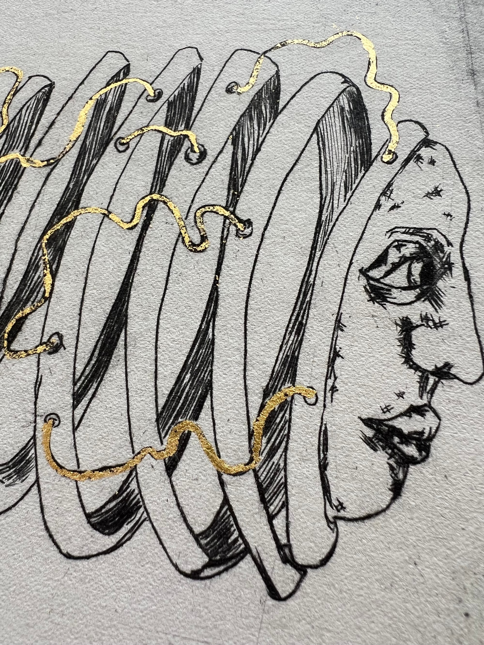 a line image of a face with a head pealed like an apple and gold leaf wires connecting the pieces together.