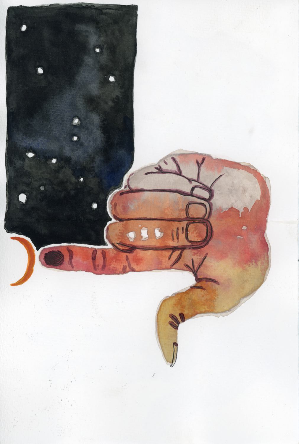 a watercolor painting of a hand making the shape of an L, pointing upwards to a crescent moon, in one corner is a square of black star night sky