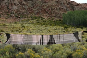 a length of handwoven fabric, in naturally dyed colors of soft cochineal pink and pomegranate-skin black, is stretched across a landscape