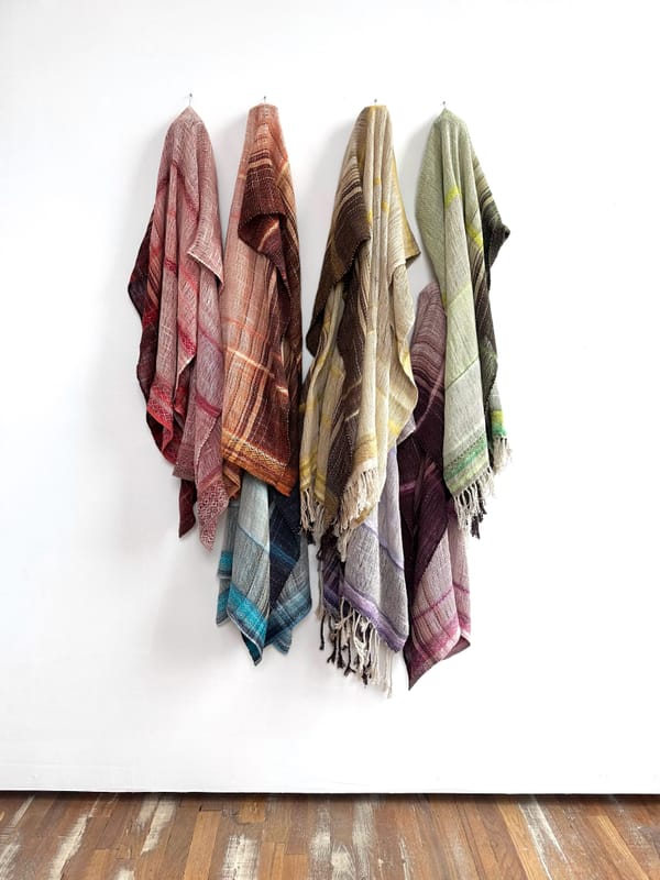 Seven handwoven scarves, each in a color of the rainbow hang on a white wall